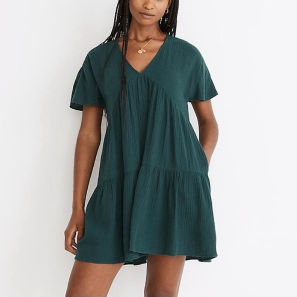 Madewell Dark Green V‑Neck Tiered Mini Dress